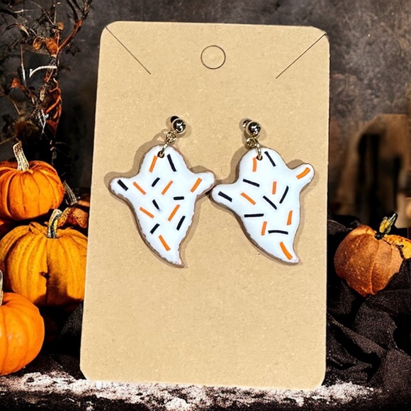 Halloween Oatmeal Cookie Ghosts Polymer Clay Dangle Earrings - Picture 2 of 2